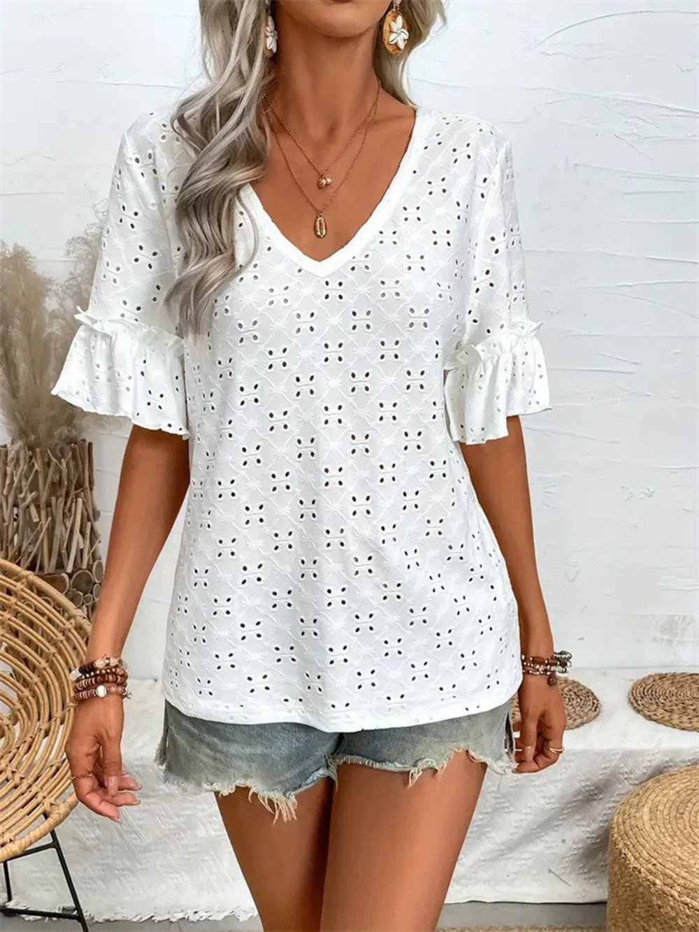 ZARA Knitted Embroidered Hollow Ruffle Collar Short Sleeve Tee Womens